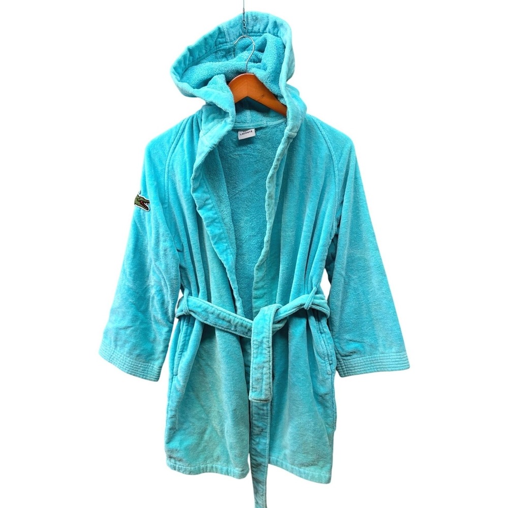 Lacoste Hooded Terry Cloth Bathrobe Womens OS Turquoise Blue Loungewear Cozy